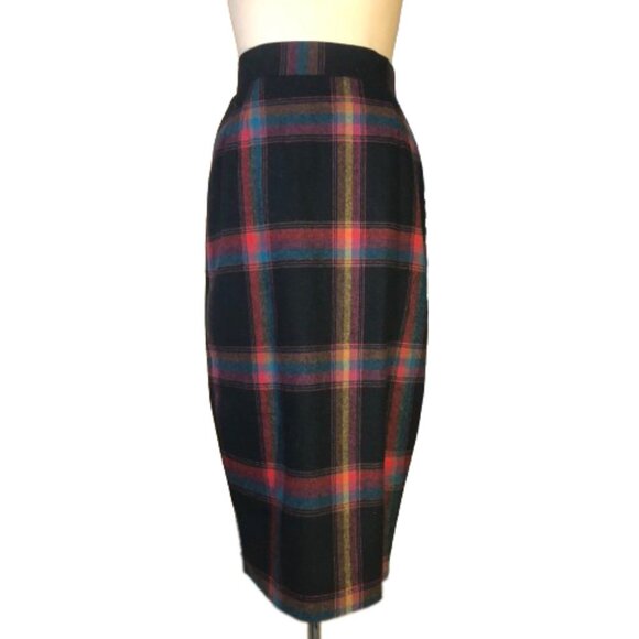 Vintage pencil fitted wool blend tartan plaid high waist midi skirt - Picture 1 of 15